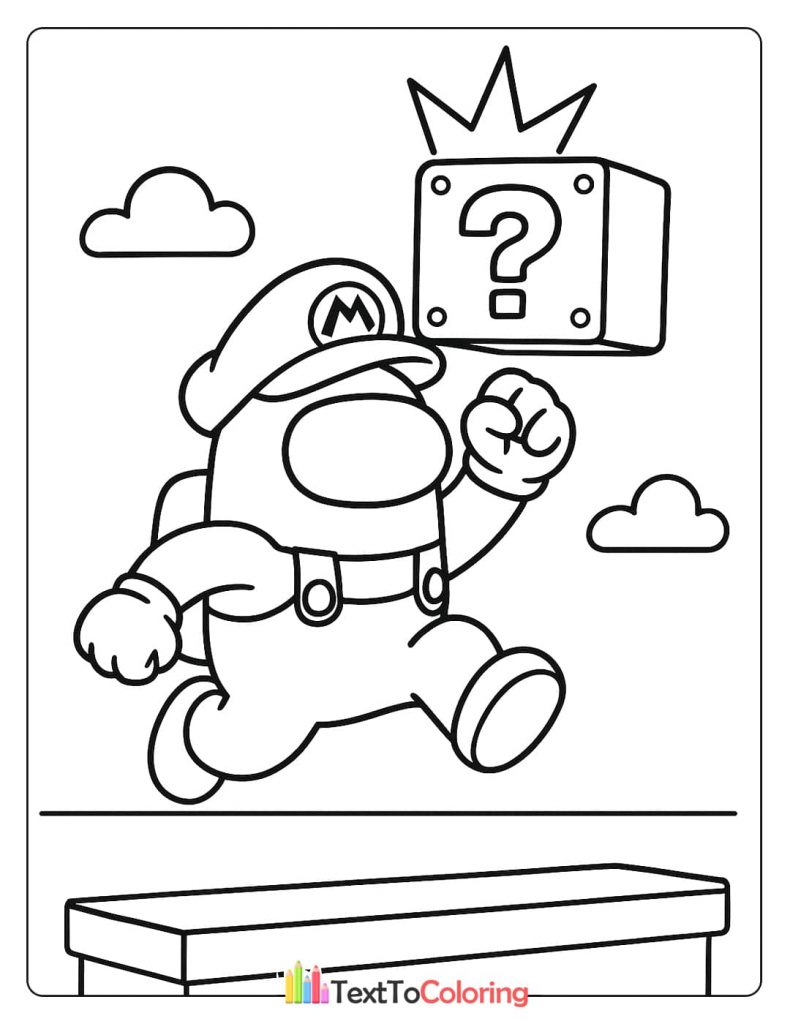 An Among Us character dressed as Mario jumping towards a question block.
