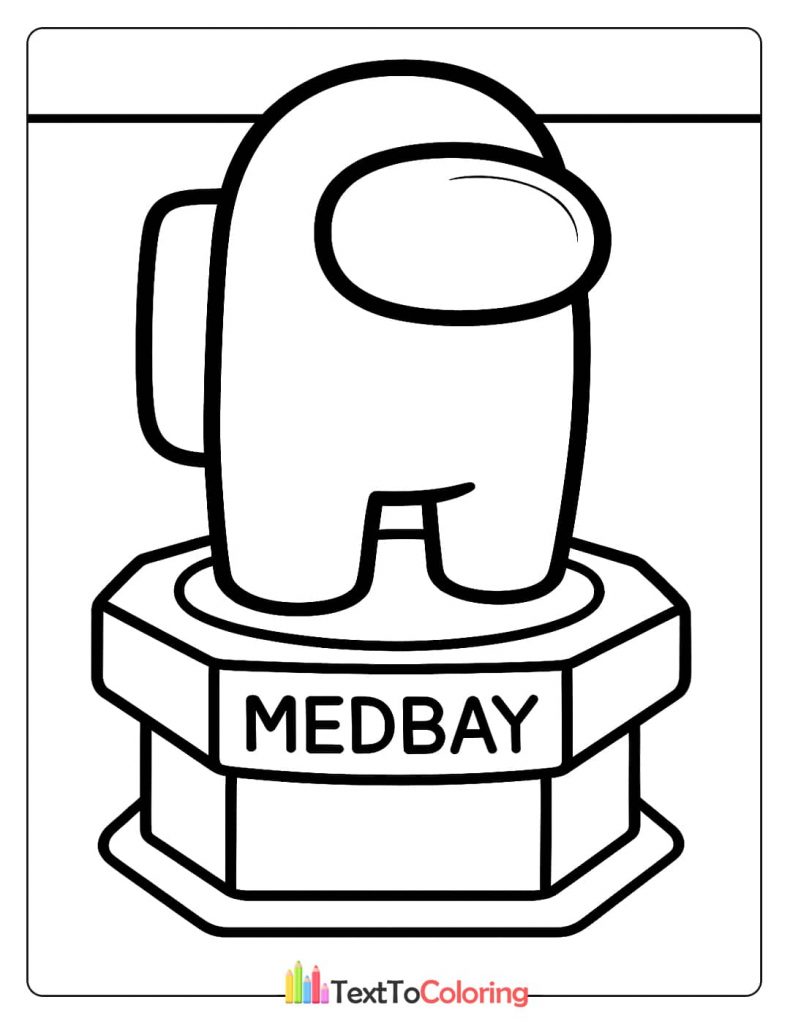 An Among Us crewmate standing on a platform labeled MedBay for a scan a detailed coloring page.