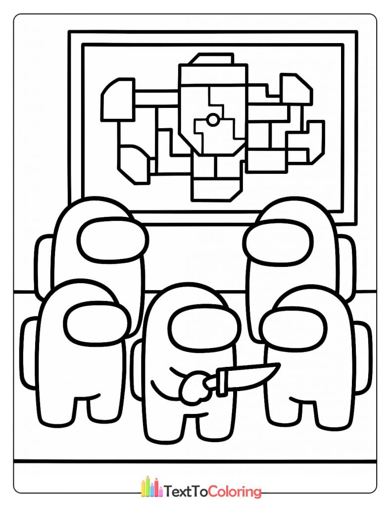A group of Among Us characters in a meeting with a map of the spaceship on the wall.