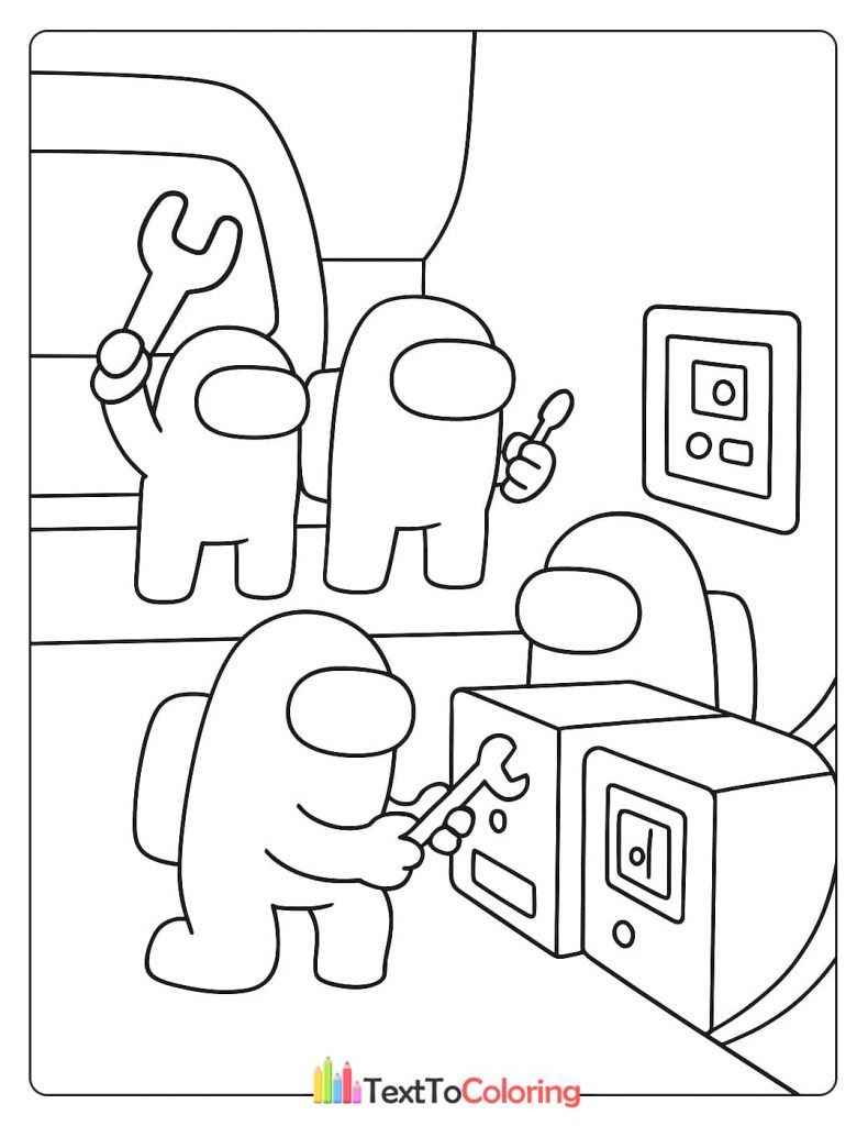 A group of Among Us crewmates performing various tasks with wrenches and wires, a detailed coloring page.