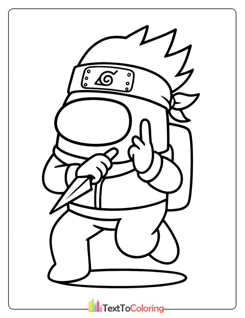 An Among Us crewmate dressed as Naruto with a headband and a kunai knife.