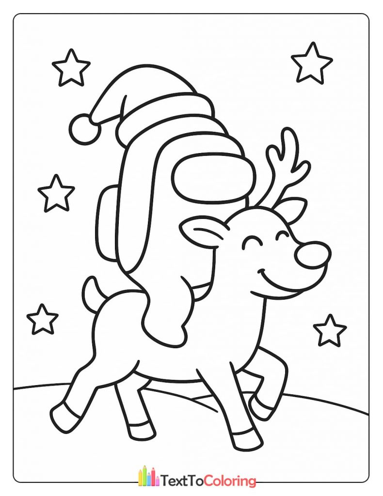 An Among Us character wearing a Santa hat and riding on the back of a smiling reindeer.