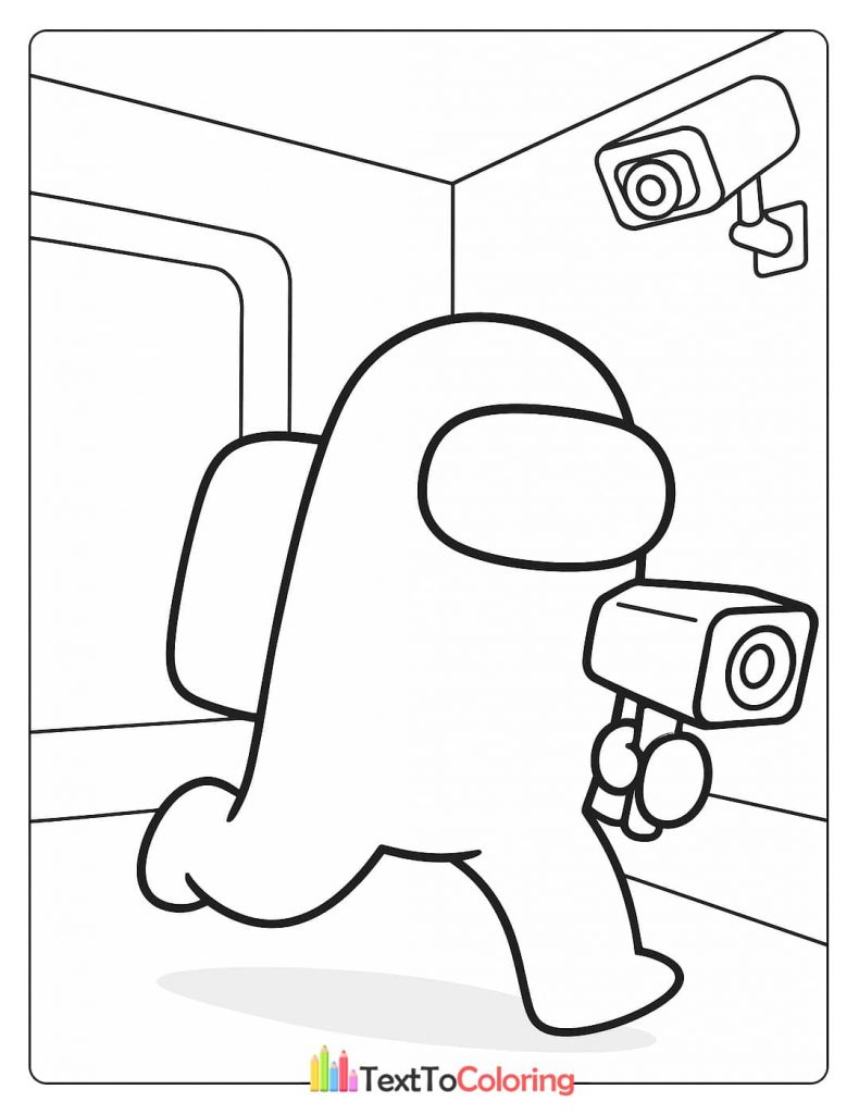 An Among Us crewmate walking past a security camera while holding a device in its hand.