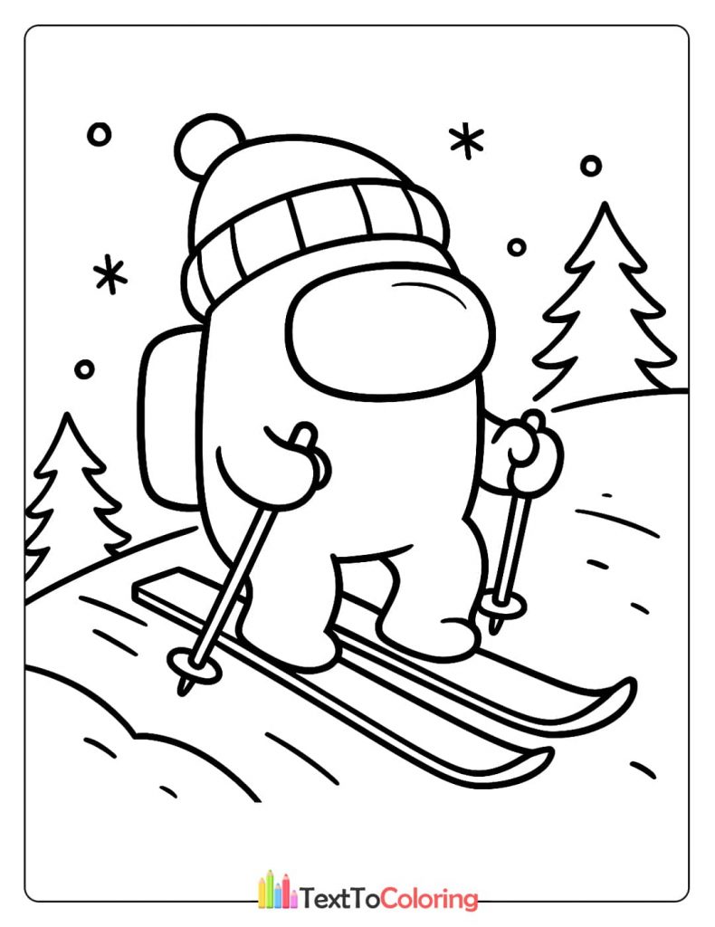 An Among Us character wearing a winter hat and skiing down a snowy slope with pine trees in the background.