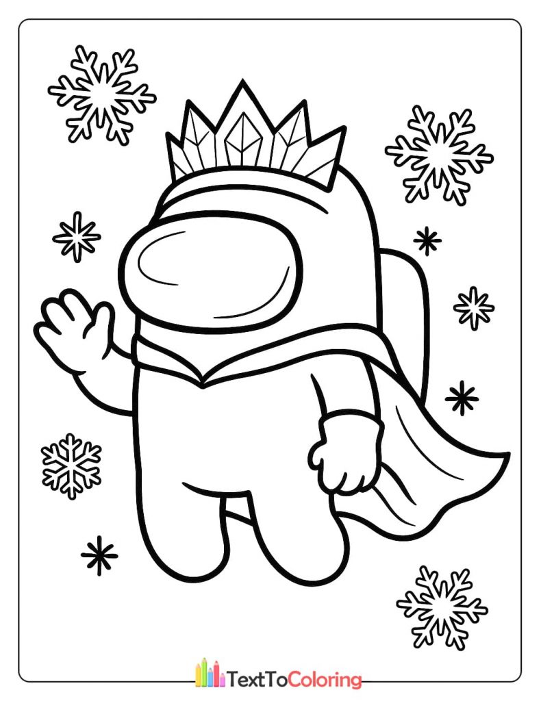 An Among Us character wearing a crown and cape, surrounded by snowflakes in a winter scene.