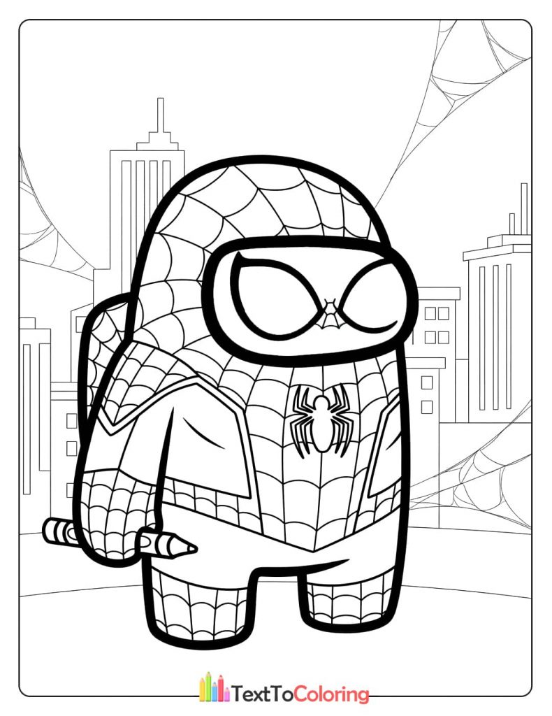 An Among Us character dressed in a Spider-Man suit holding a web shooter in front of a city skyline.