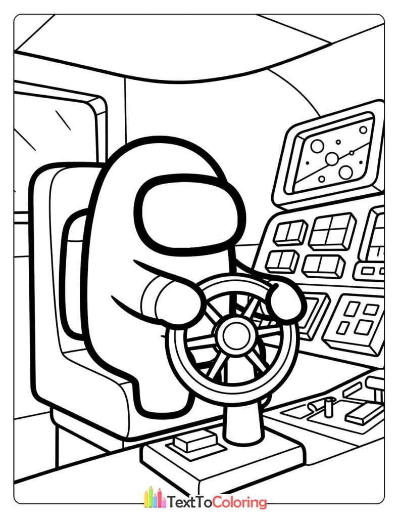 An Among Us crewmate sitting in the captain's chair, steering the ship with a large wheel.