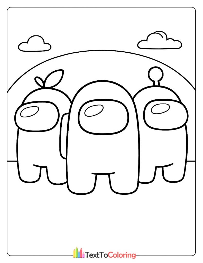Three Among Us characters standing together, one with a leaf and one with an antenna.