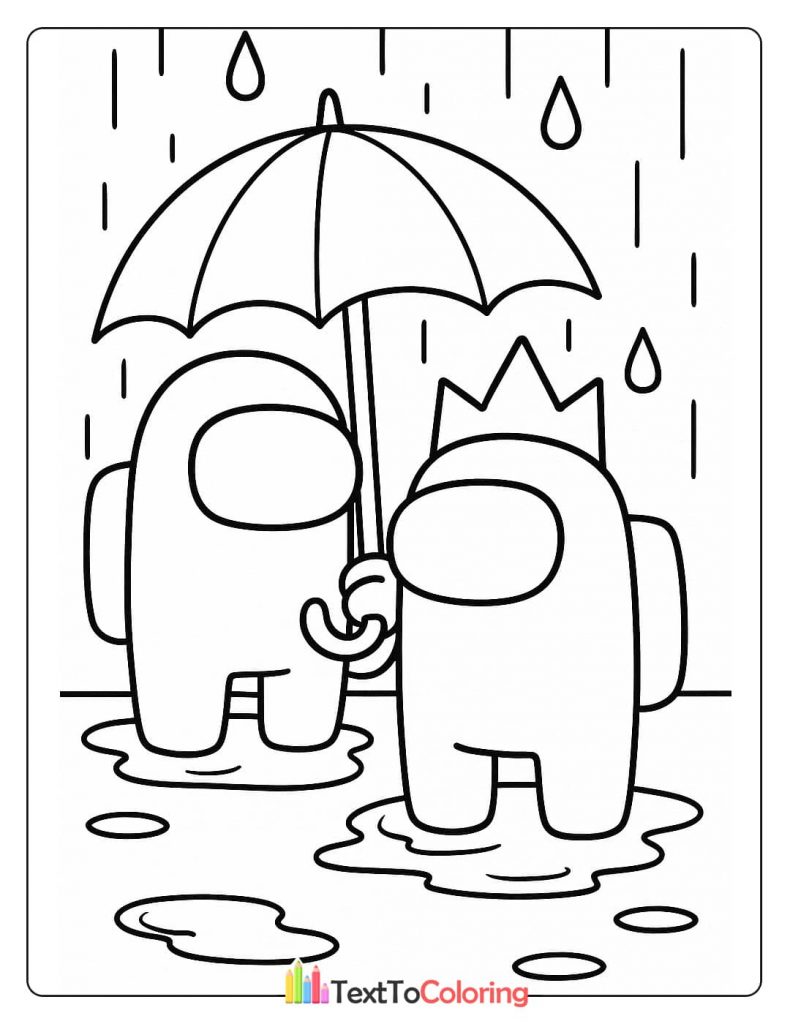 An Among Us character with a crown holding an umbrella over a friend during a rainstorm.