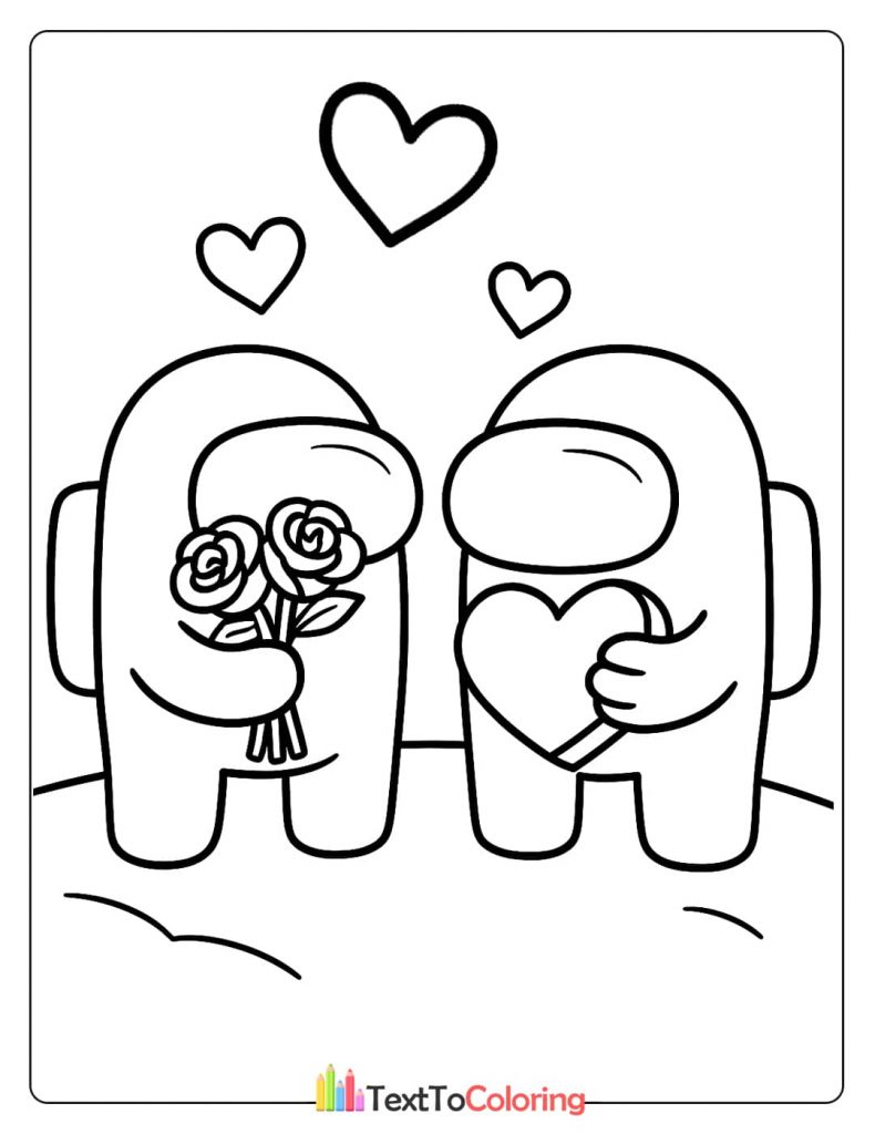 Two Among Us crewmates with heart symbols above, one holding a bouquet of flowers and the other a heart box.