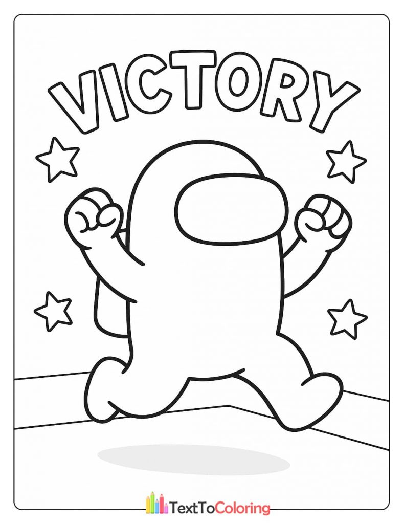 An Among Us crewmate celebrating victory with arms raised and the word "VICTORY" above.