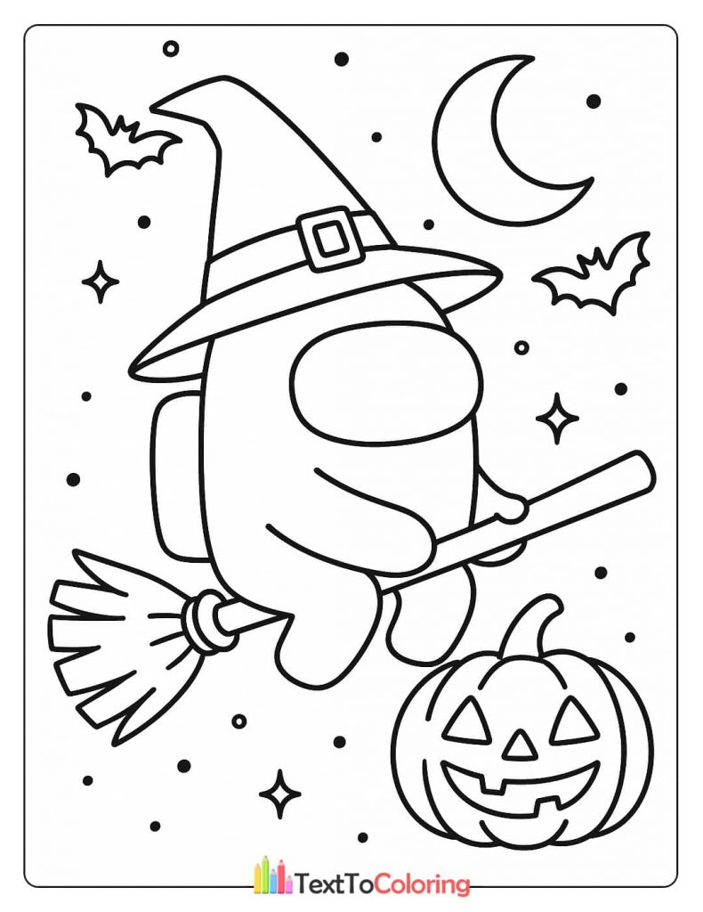 An Among Us character dressed as a witch on a broomstick with a large jack o lantern below.