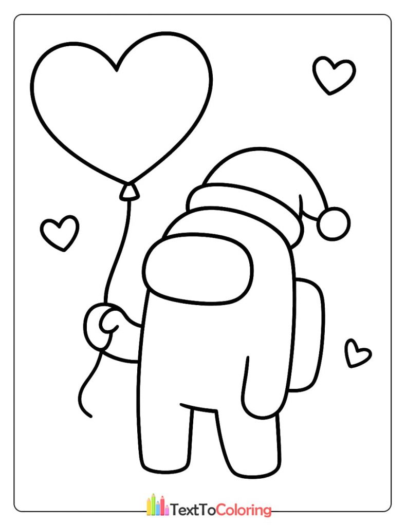 An Among Us crewmate wearing a Santa hat and holding a heart shaped balloon.