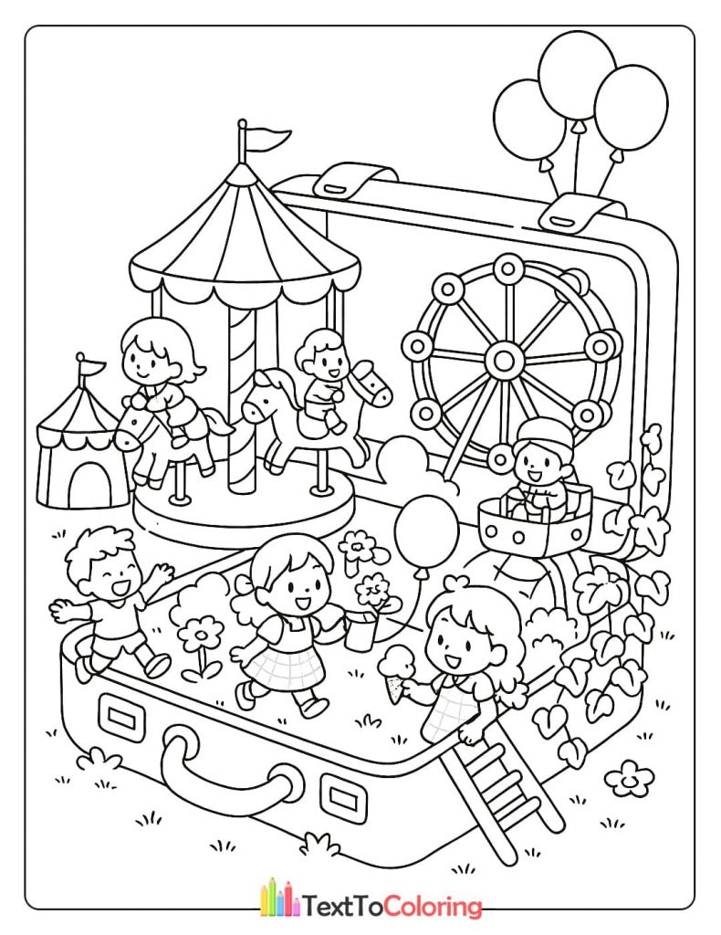 A coloring page of a miniature amusement park with a carousel and Ferris wheel inside a suitcase.