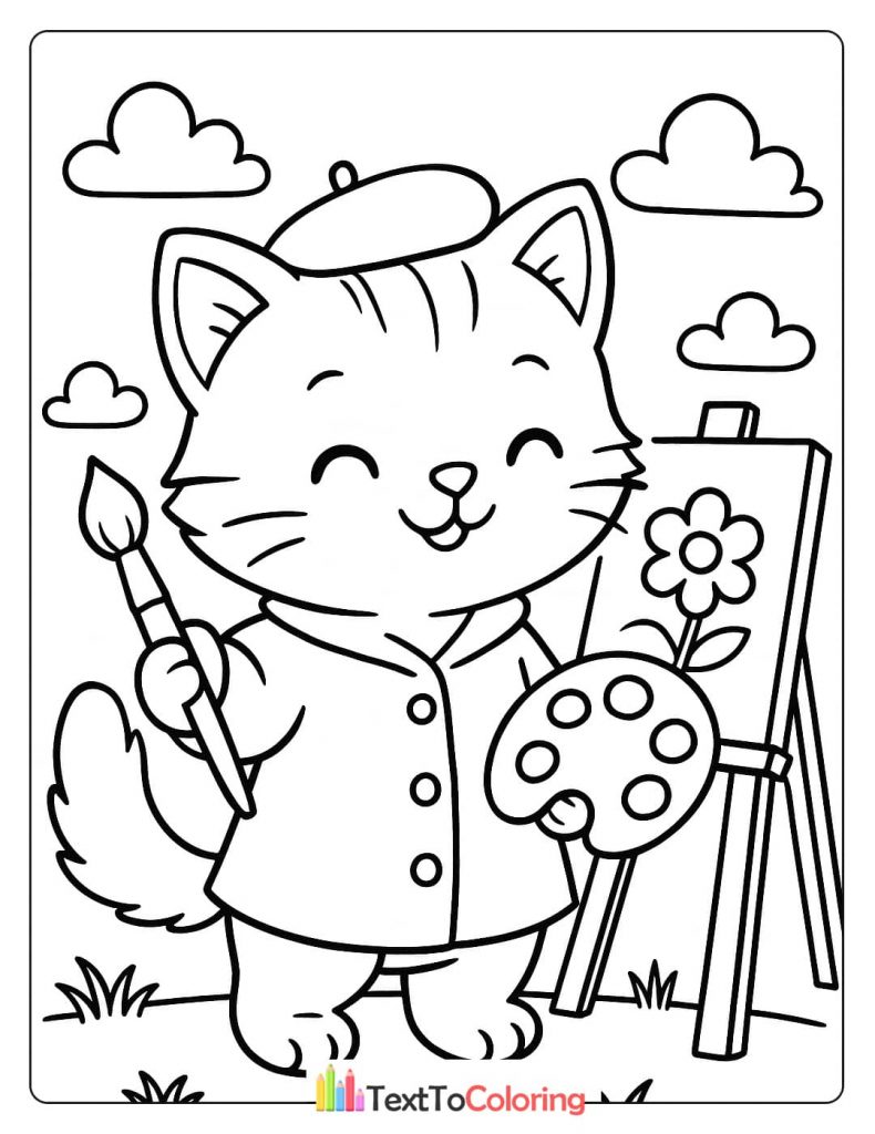 A creative coloring page of a smiling kitten wearing a beret, holding a paintbrush and a palette, ready to paint.