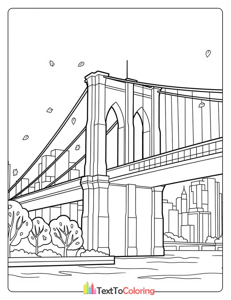 Printable autumn coloring page of the Brooklyn bridge in fall scenery