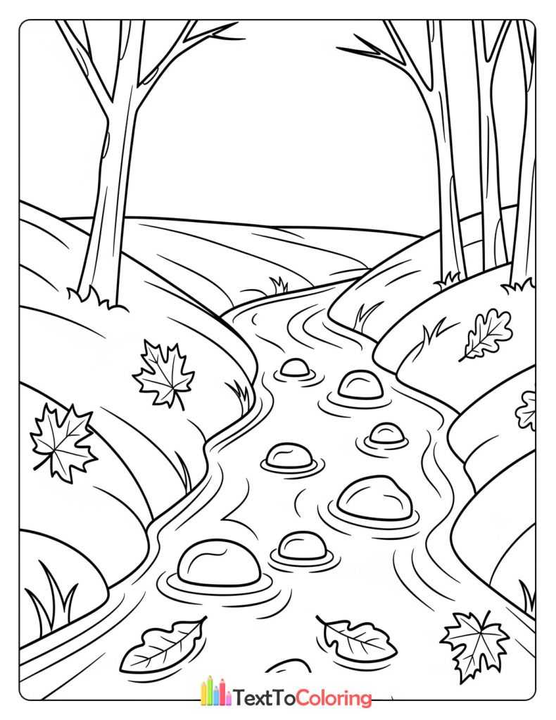 Winding creek with smooth stepping stones between bare trees and scattered fall leaves.