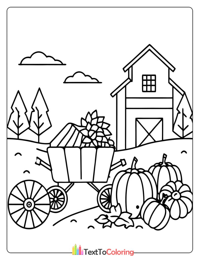 Farm scene with a barn, a wagon full of crops, and pumpkins in the foreground.
