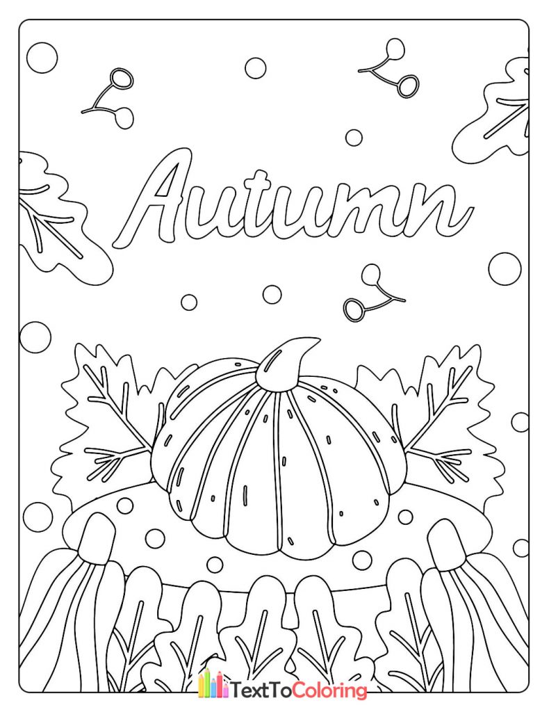 Decorative pumpkin with leaves and the word "Autumn" in playful lettering.