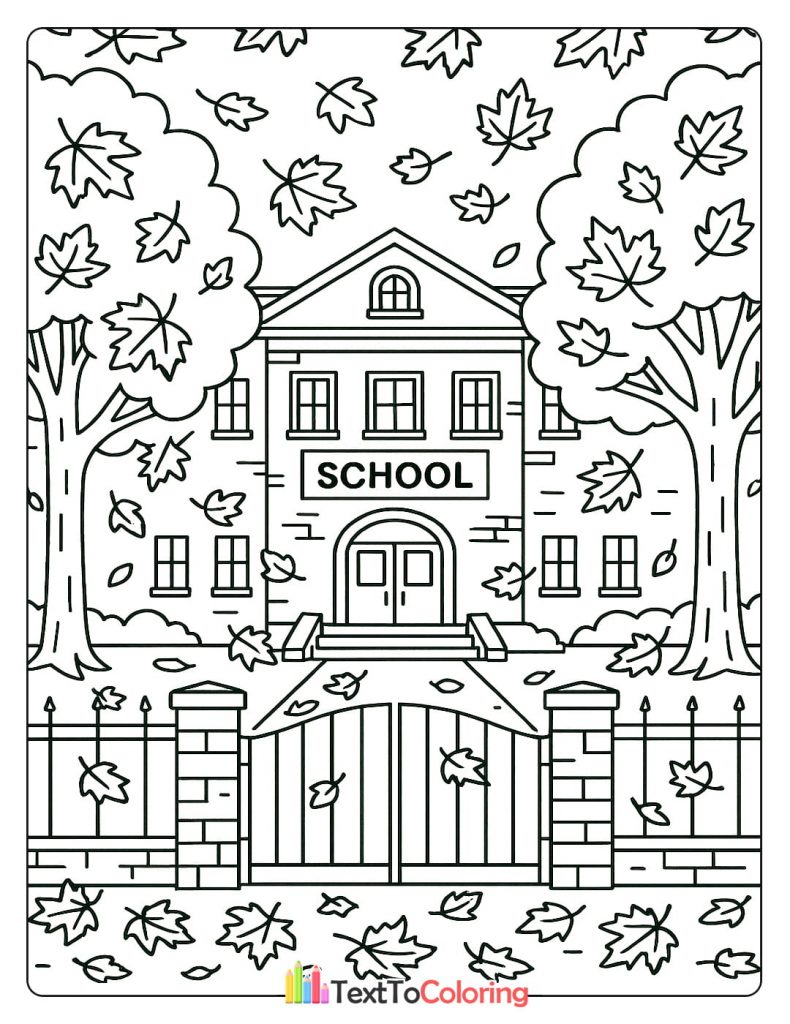 Printable coloring page of a school building surrounded by autumn leaves
