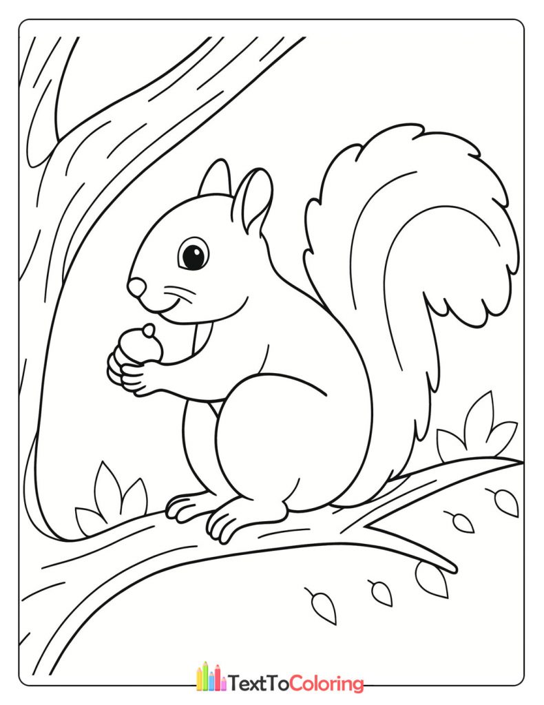 Squirrel holding an acorn while sitting on a tree branch.