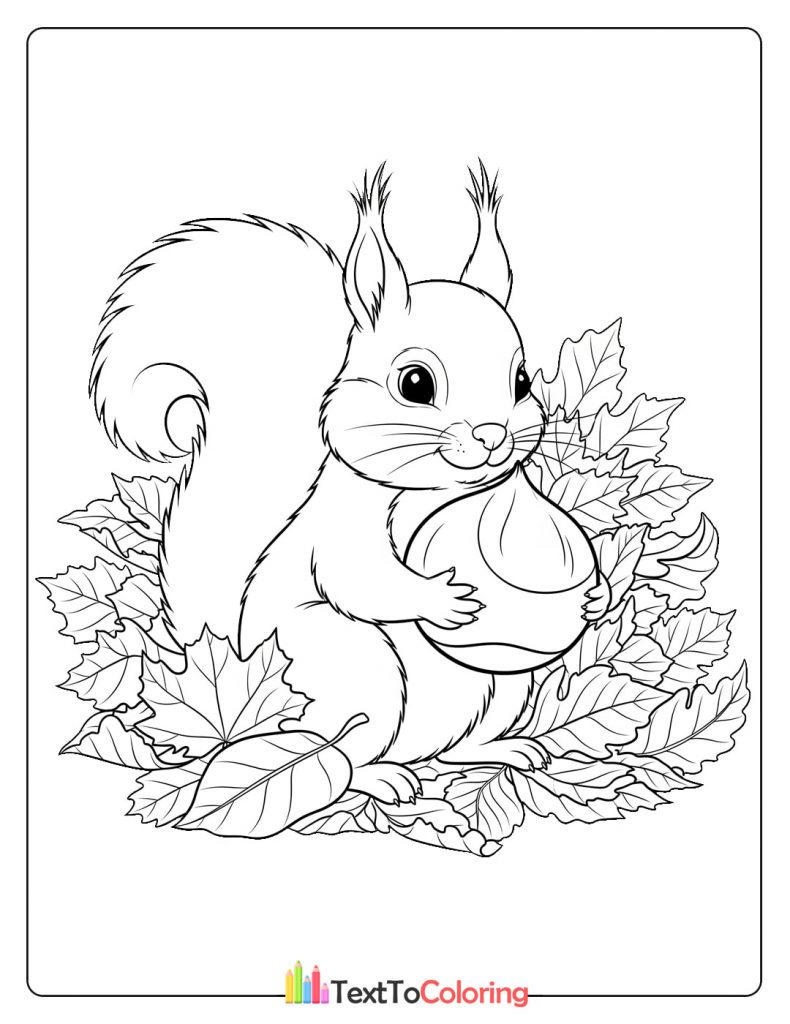 Cute squirrel holding an acorn while sitting in a pile of autumn leaves.