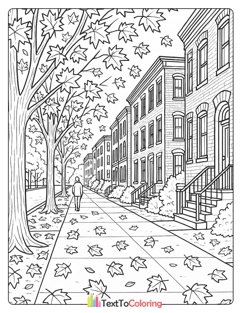 Autumn street scene with brownstone houses and falling leaves