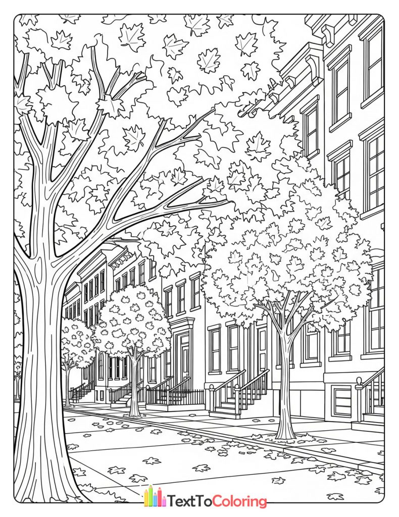 Autumn street scene with tall leafy trees and quiet sidewalks