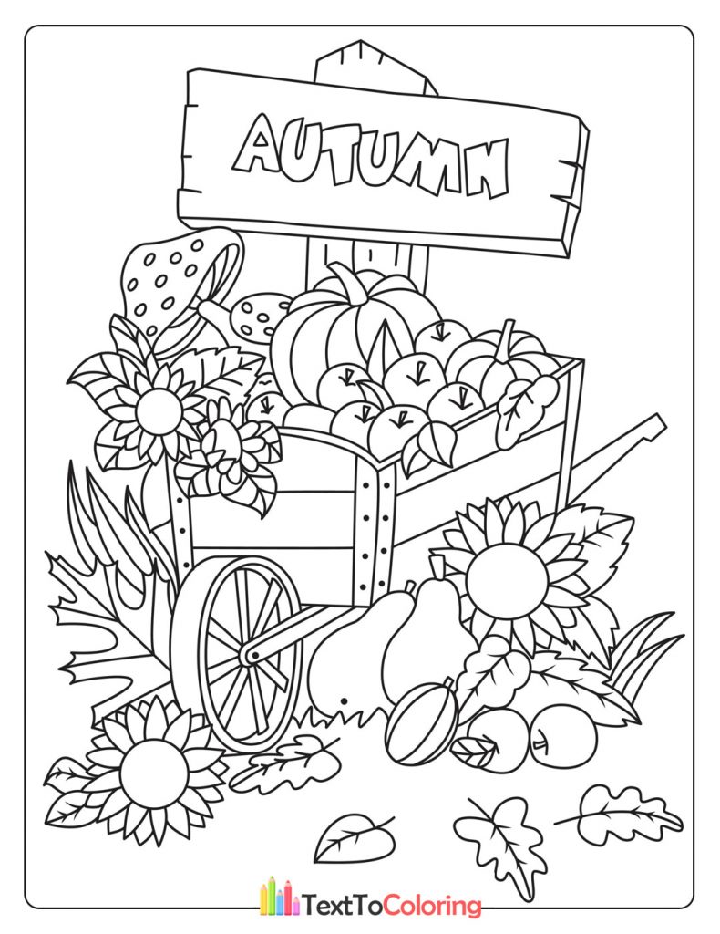 Autumn coloring page with a wheelbarrow full of pumpkins, sunflowers, and fall harvest.
