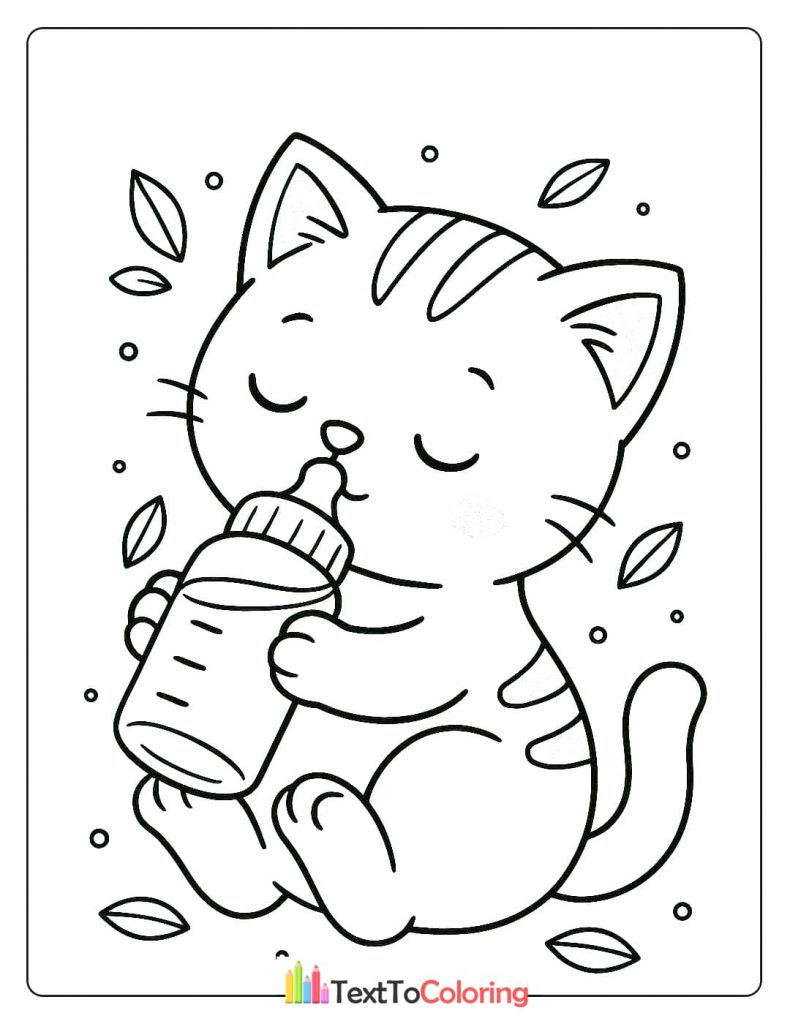 A tender kitten coloring page of a baby kitten holding and drinking milk from a baby bottle with its eyes closed.