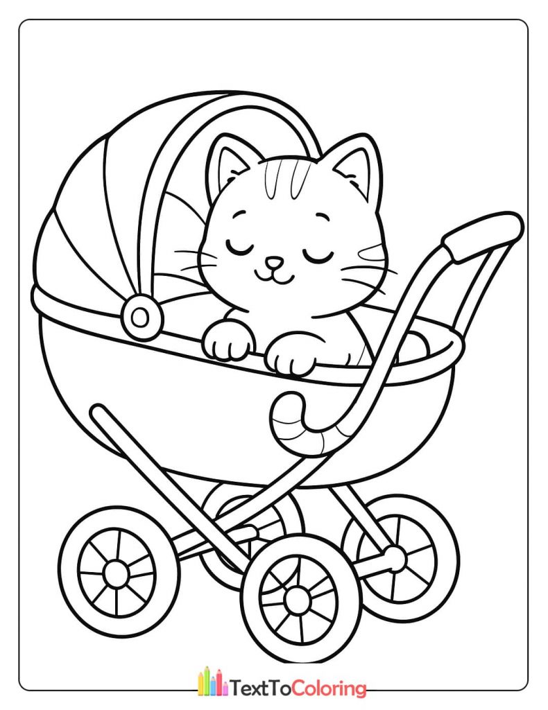 A charming coloring page of a baby kitten taking a nap in a classic-style baby stroller with its eyes closed.