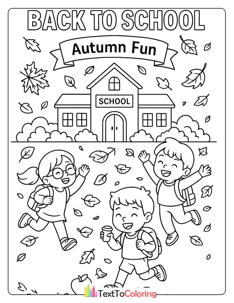 A back-to-school coloring page showing a group of happy students running out of a school building, surrounded by falling autumn leaves.