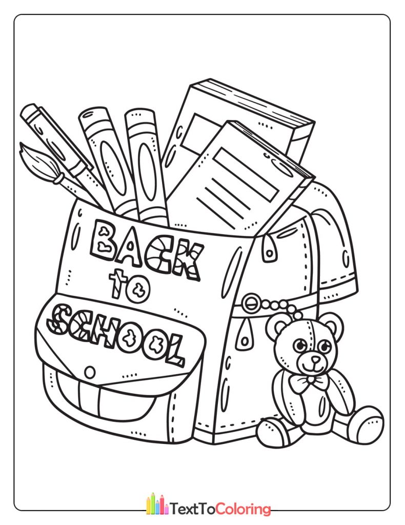 Coloring page of an open backpack with books, pencils, and a teddy bear.