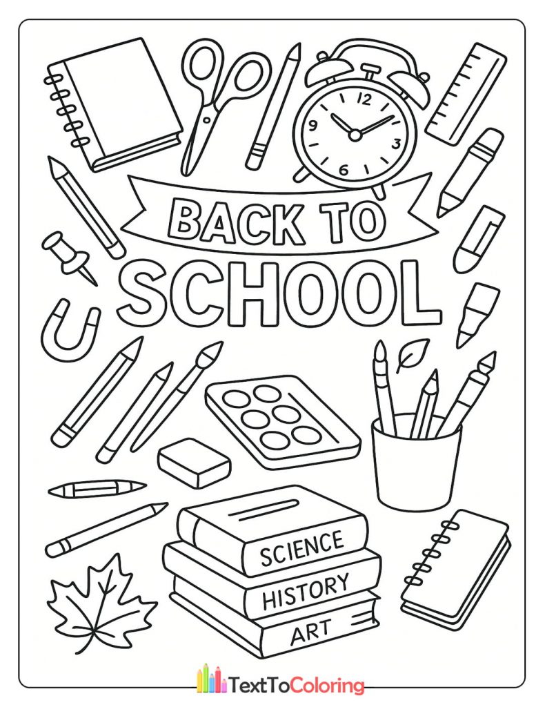 Printable coloring page filled with school items and "Back to School" text in the center.