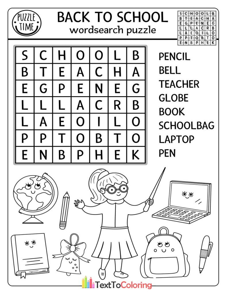 Printable coloring page with back to school word search puzzle and school doodles.