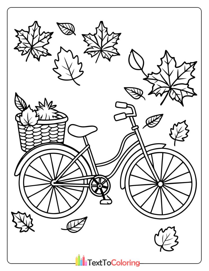 Bicycle with a basket of flowers surrounded by falling autumn leaves.