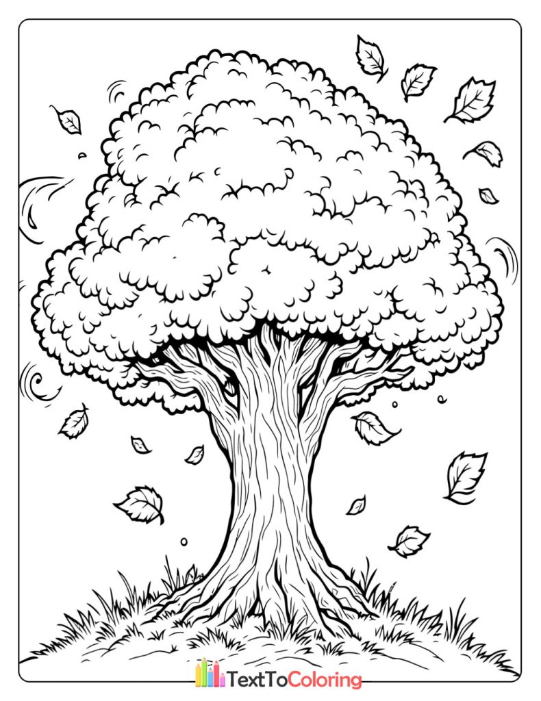 Large tree with leaves falling gently to the ground.