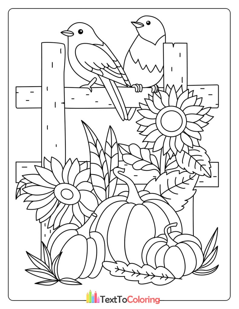 Autumn printable coloring page with birds on a fence, pumpkins, and blooming sunflowers.