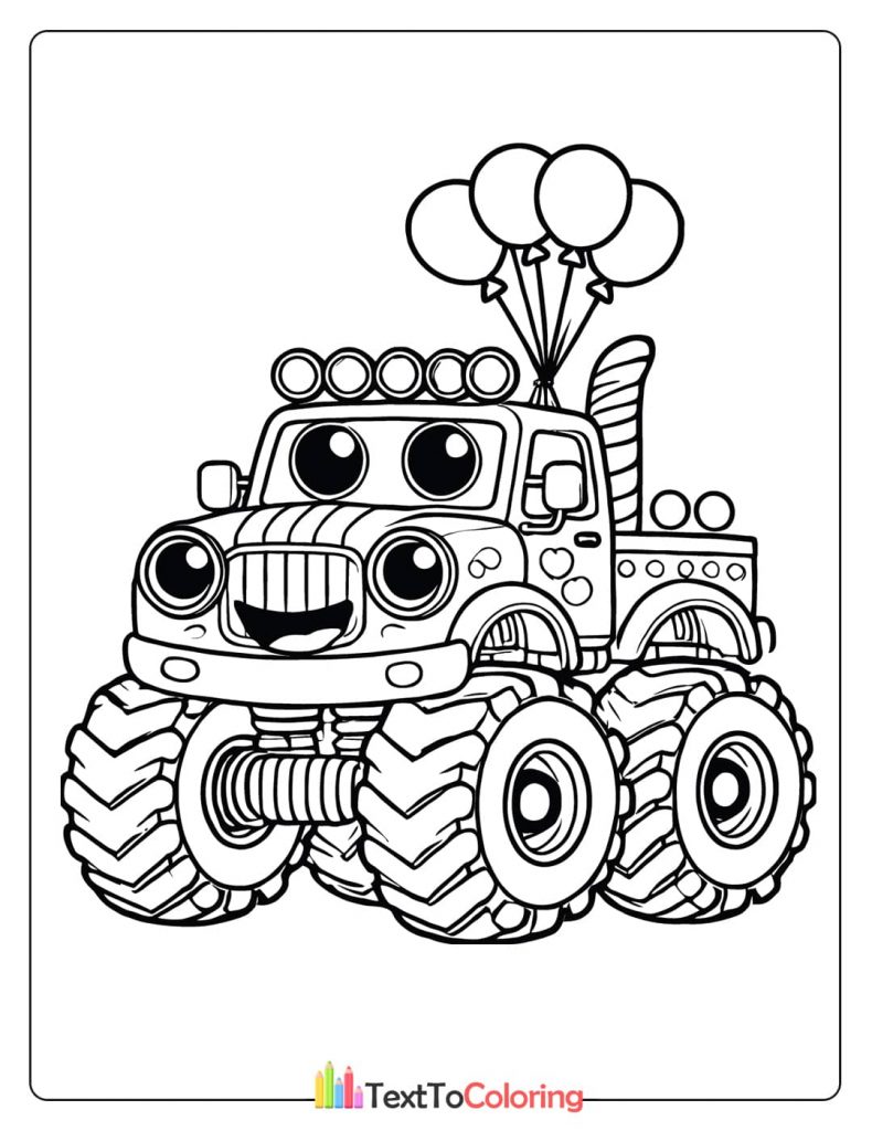 A friendly monster truck with a smiling face driving on a dirt road with rocks.