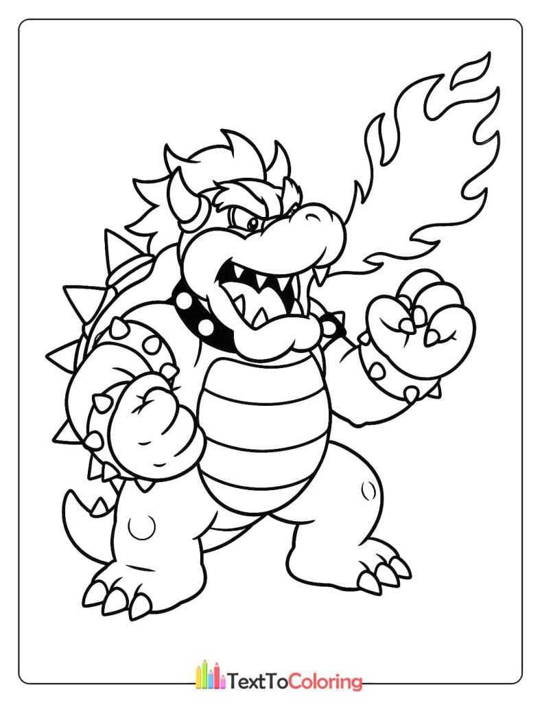 A coloring page of Bowser breathing fire
