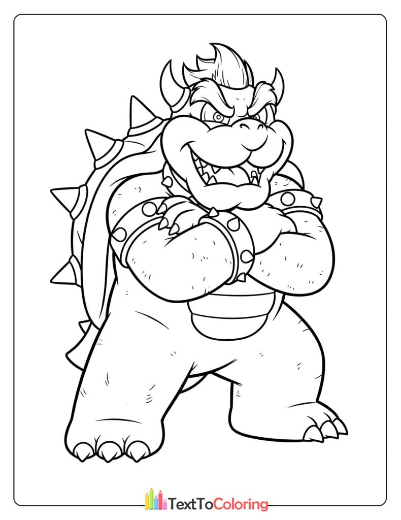 A coloring page of Bowser with his arms crossed