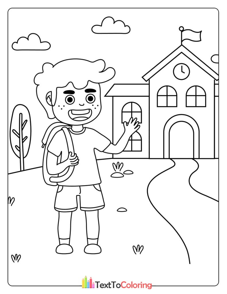 Printable coloring page of a boy with backpack standing in front of the school building.