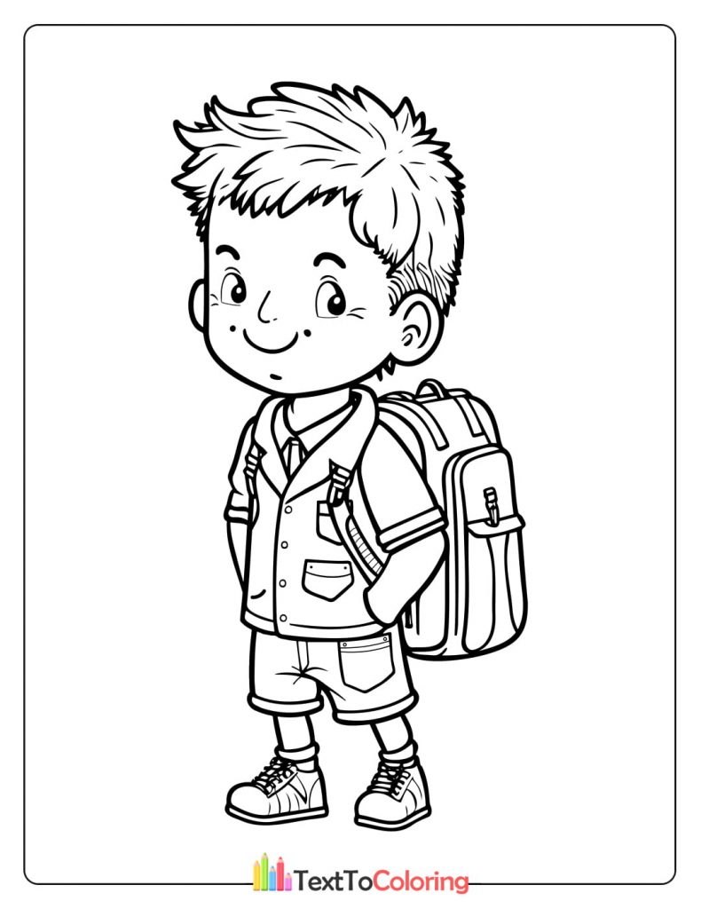 Coloring page of a boy student standing with a backpack, smiling.