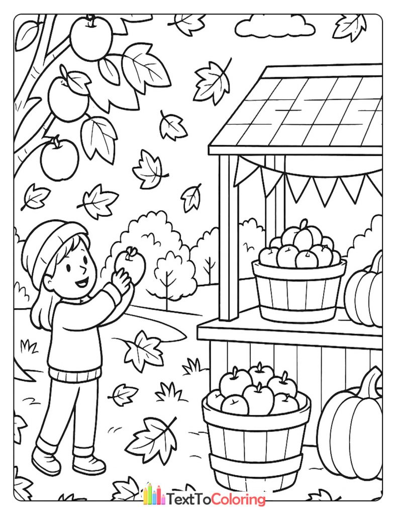 Child visiting an autumn market with pumpkins and apple baskets