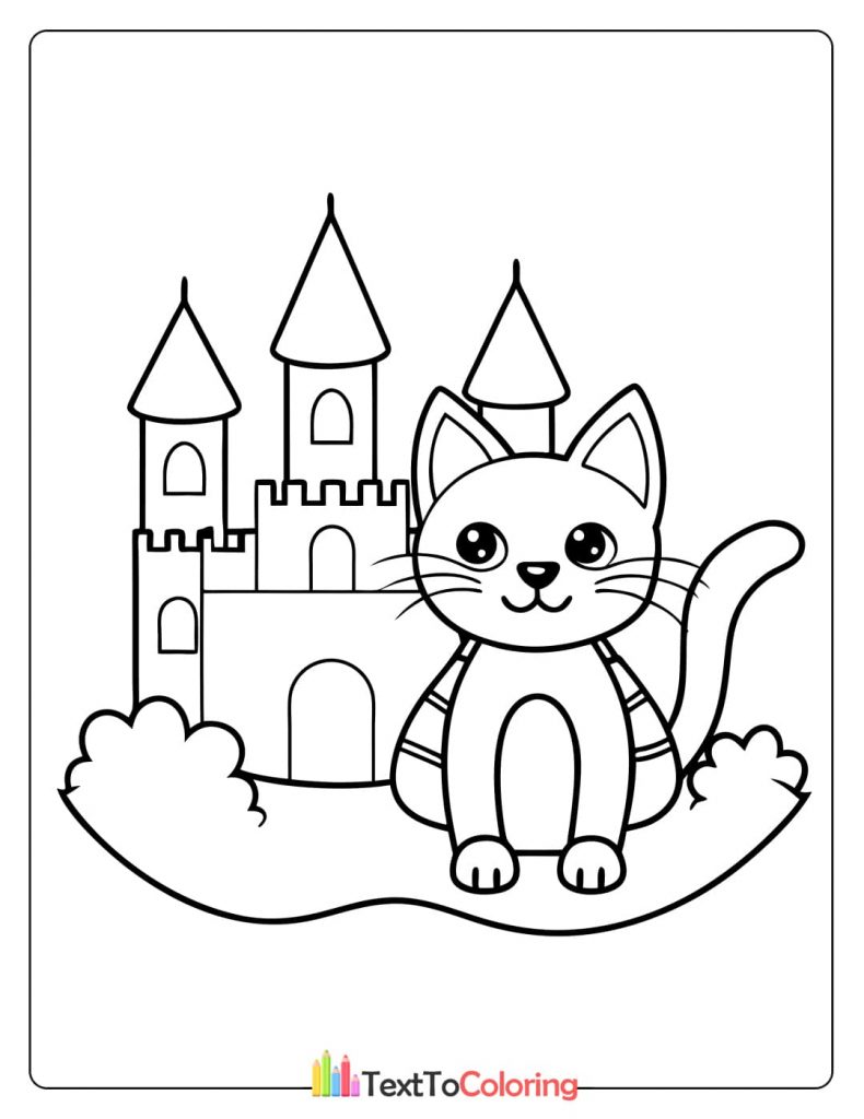 A simple kitten coloring page of a brave kitten standing in front of a magical castle with tall towers.