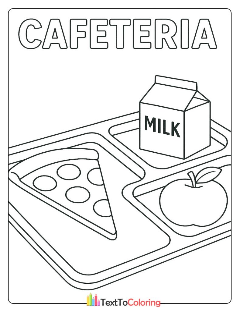 Coloring page of a cafeteria lunch tray with pizza, milk, and an apple - free printable.