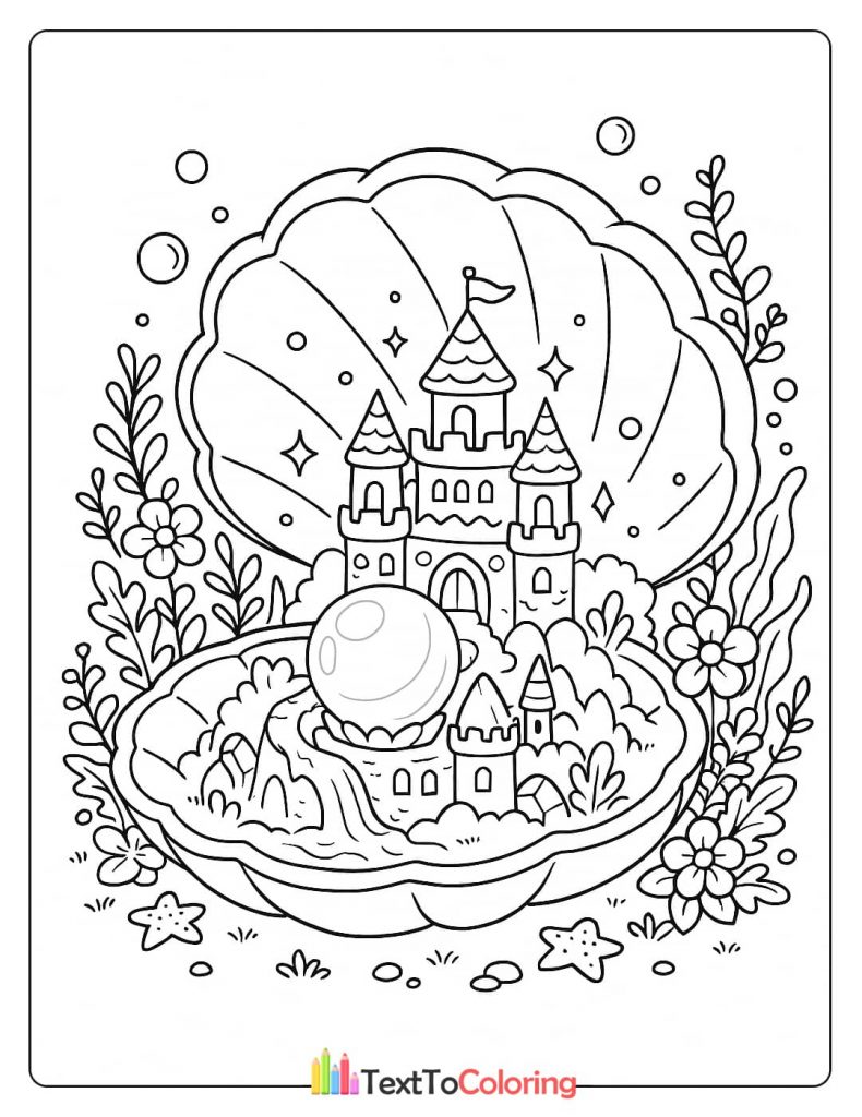 A coloring page of a tiny castle and a pearl inside a giant seashell, surrounded by starfish.