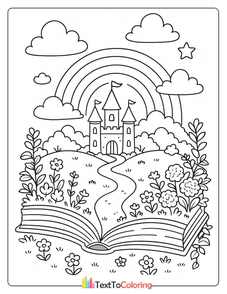 A coloring page of a magical castle and a rainbow emerging from an open book.