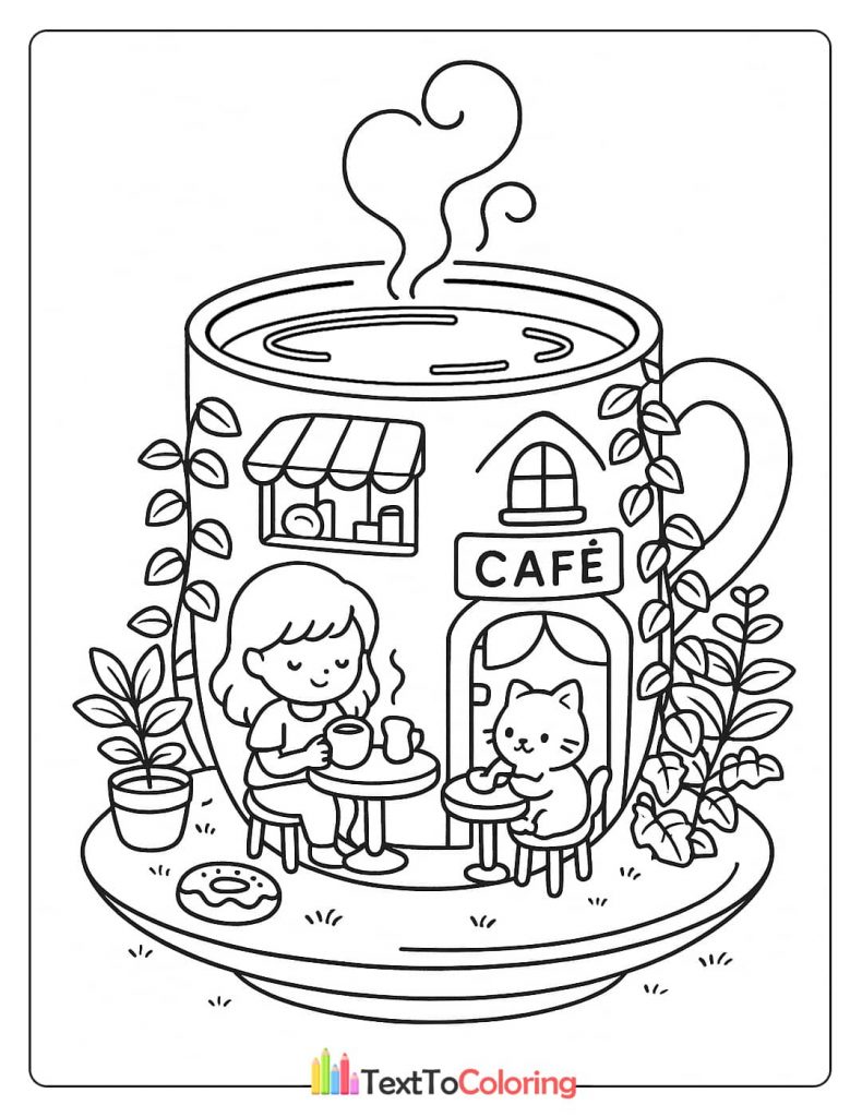 A coloring page of a girl and a cat having coffee in a miniature teacup cafe.