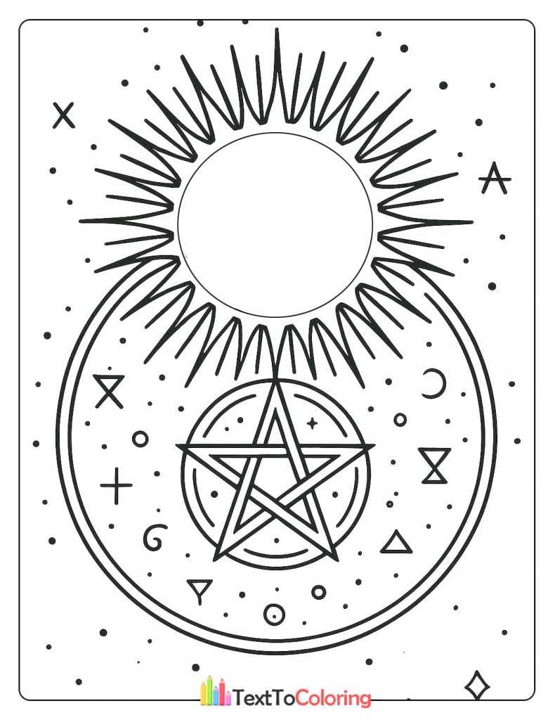 A celestial coloring page with a large, radiant sun symbol over a ring of stars. A pentacle is at the center of the design, with various alchemical and astrological symbols scattered around it.